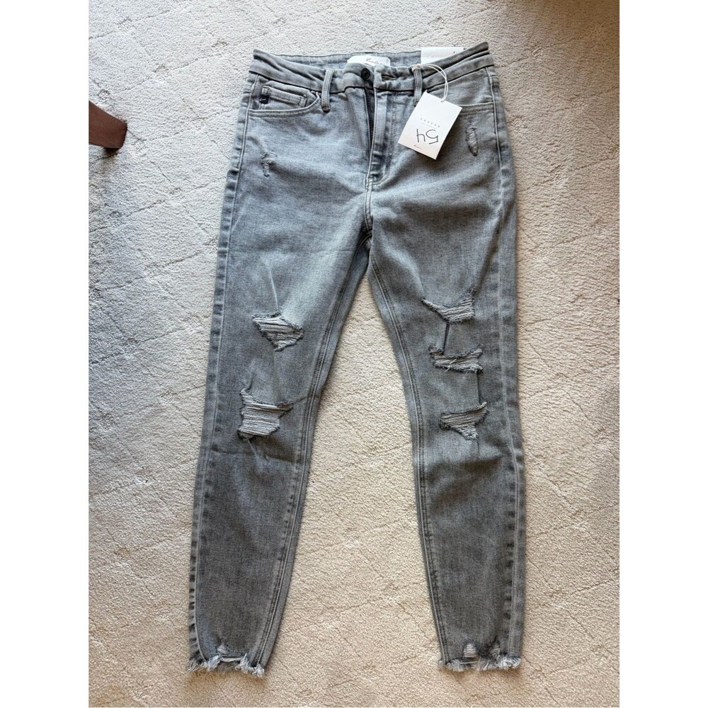 NWT Kancan Women’s Distressed Grey Ripped Jeans high rise ankle skinny sz 9/28